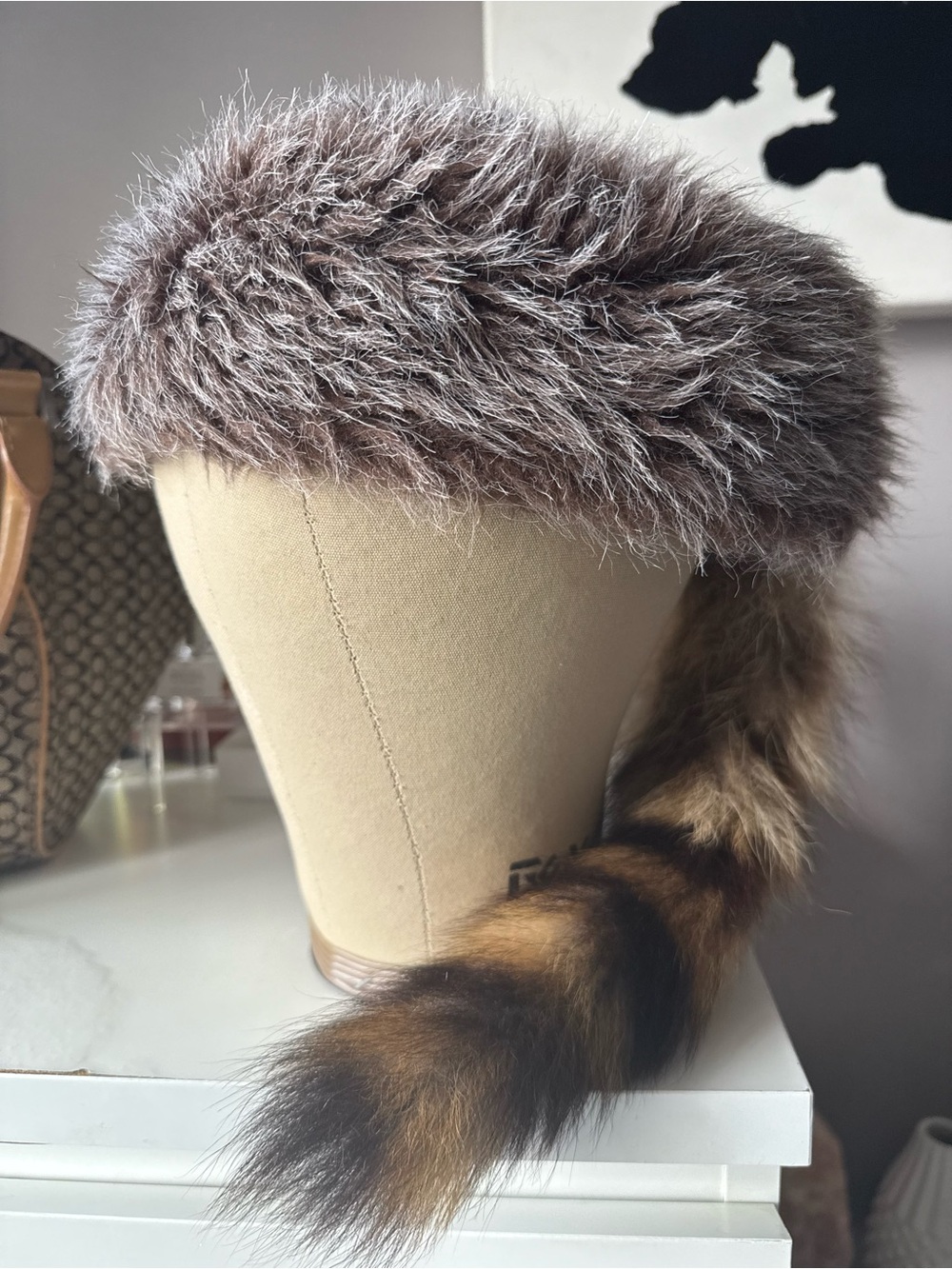 Faux Fur Hat with Raccoon Tail Accent - Brown